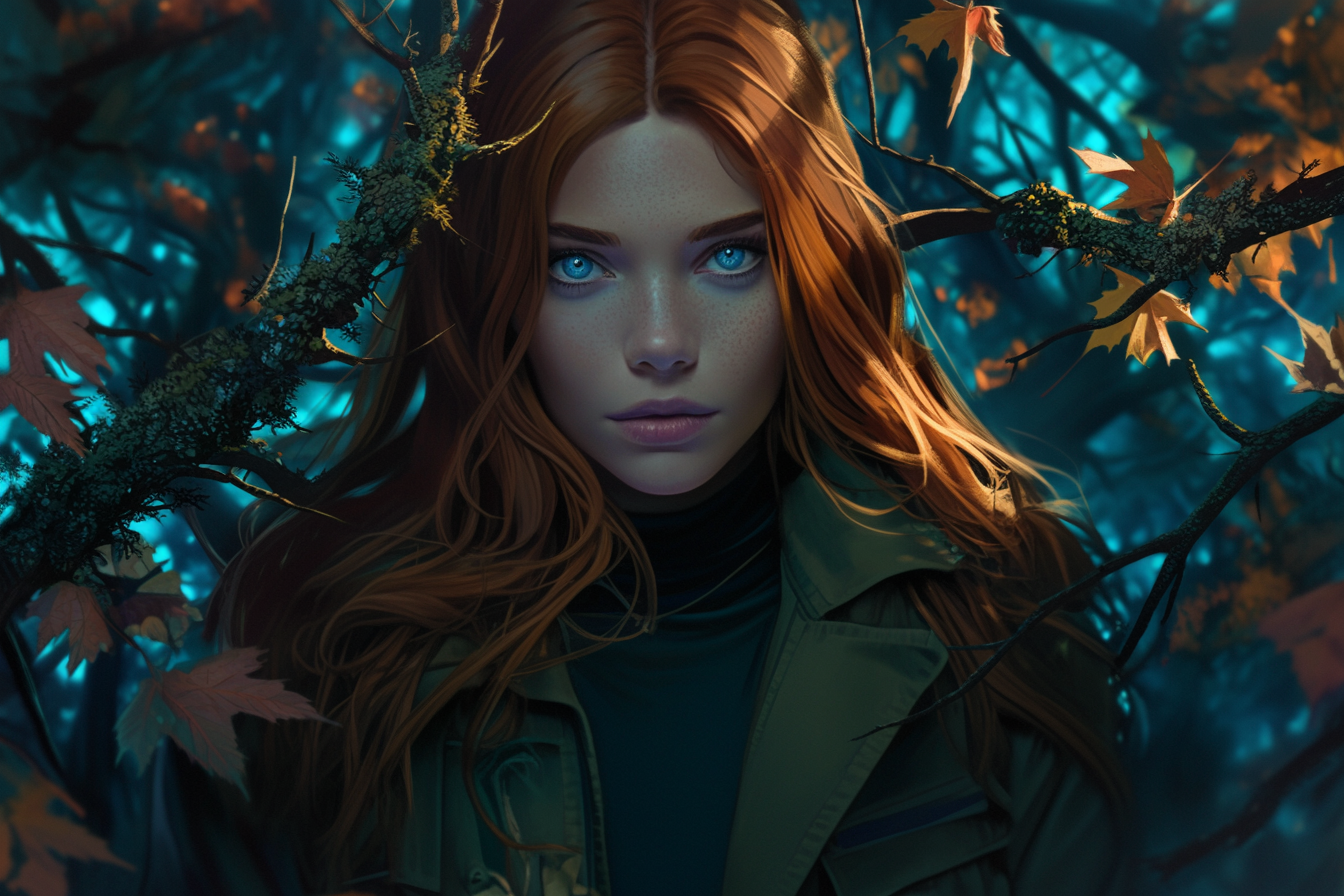 Woman in green jacket in dark woods