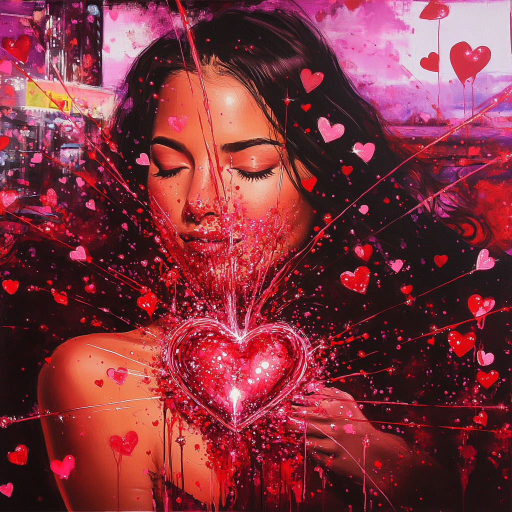 woman heart out red pink sparkles liquids hearts mystical themed urban city Los Angeles Santa Monica