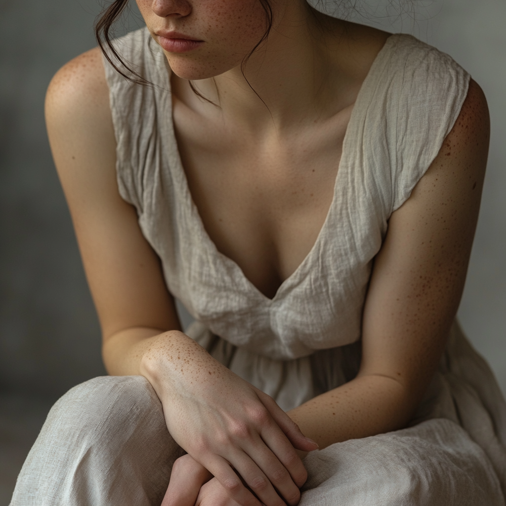 serene woman holding knees peaceful