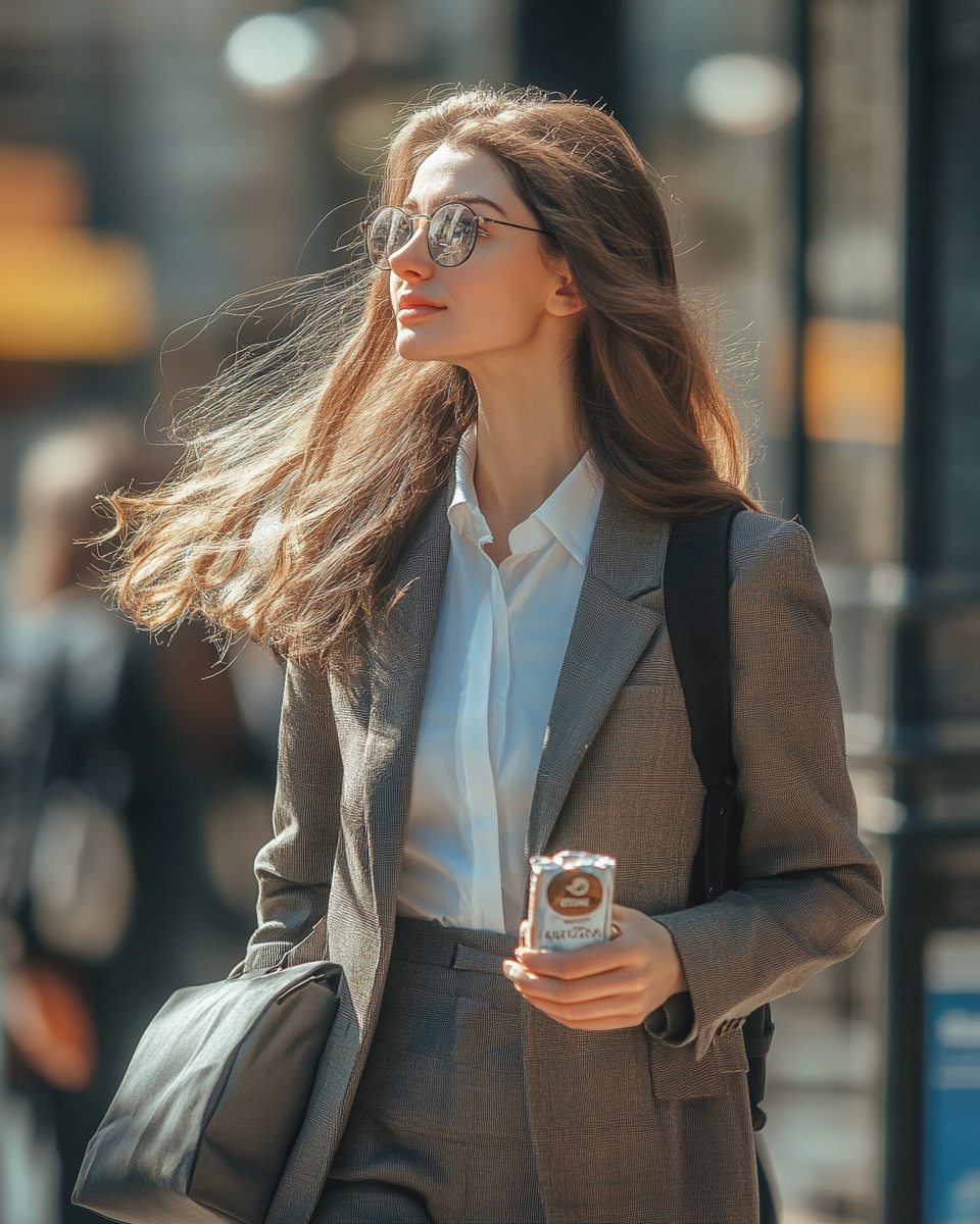 Woman professional holding energy bar outside