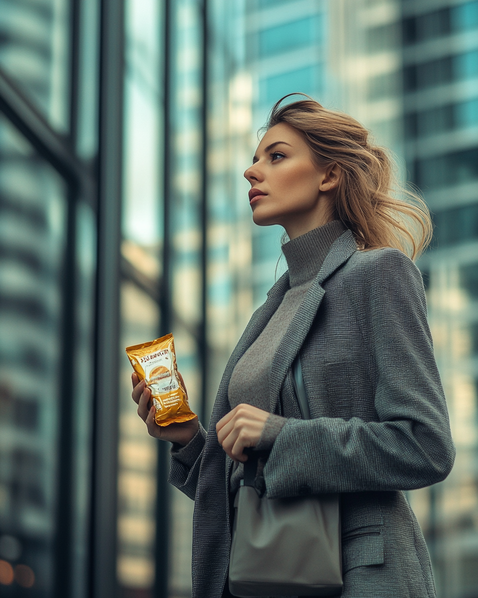 Woman holding energy bar profile