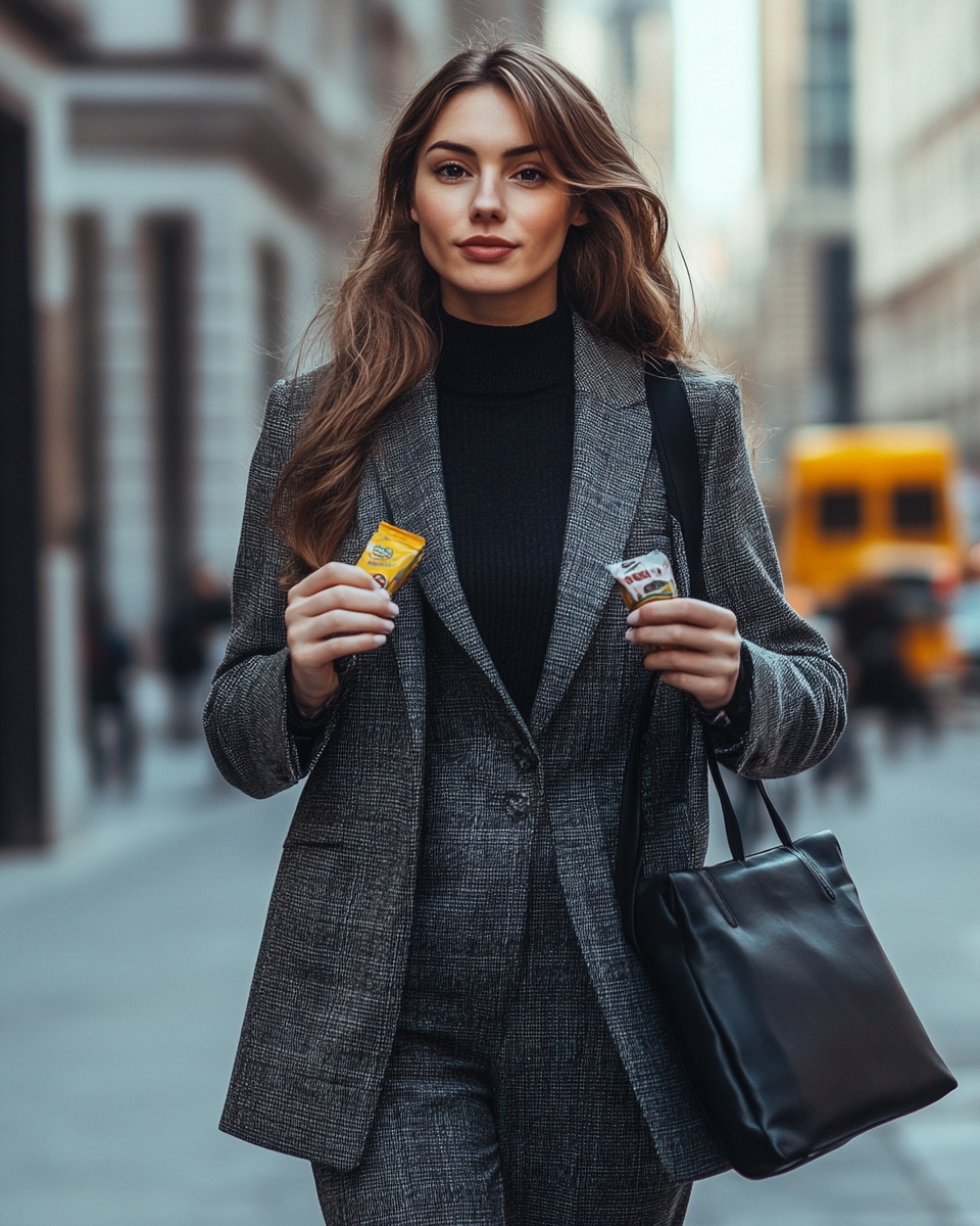 Woman holding energy bar in professional outfit