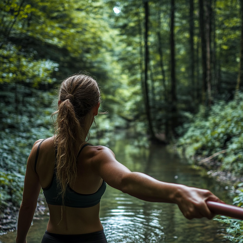 woman accepting relay baton nature