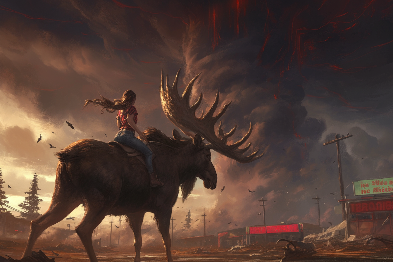 Woman on Moose with Tornado