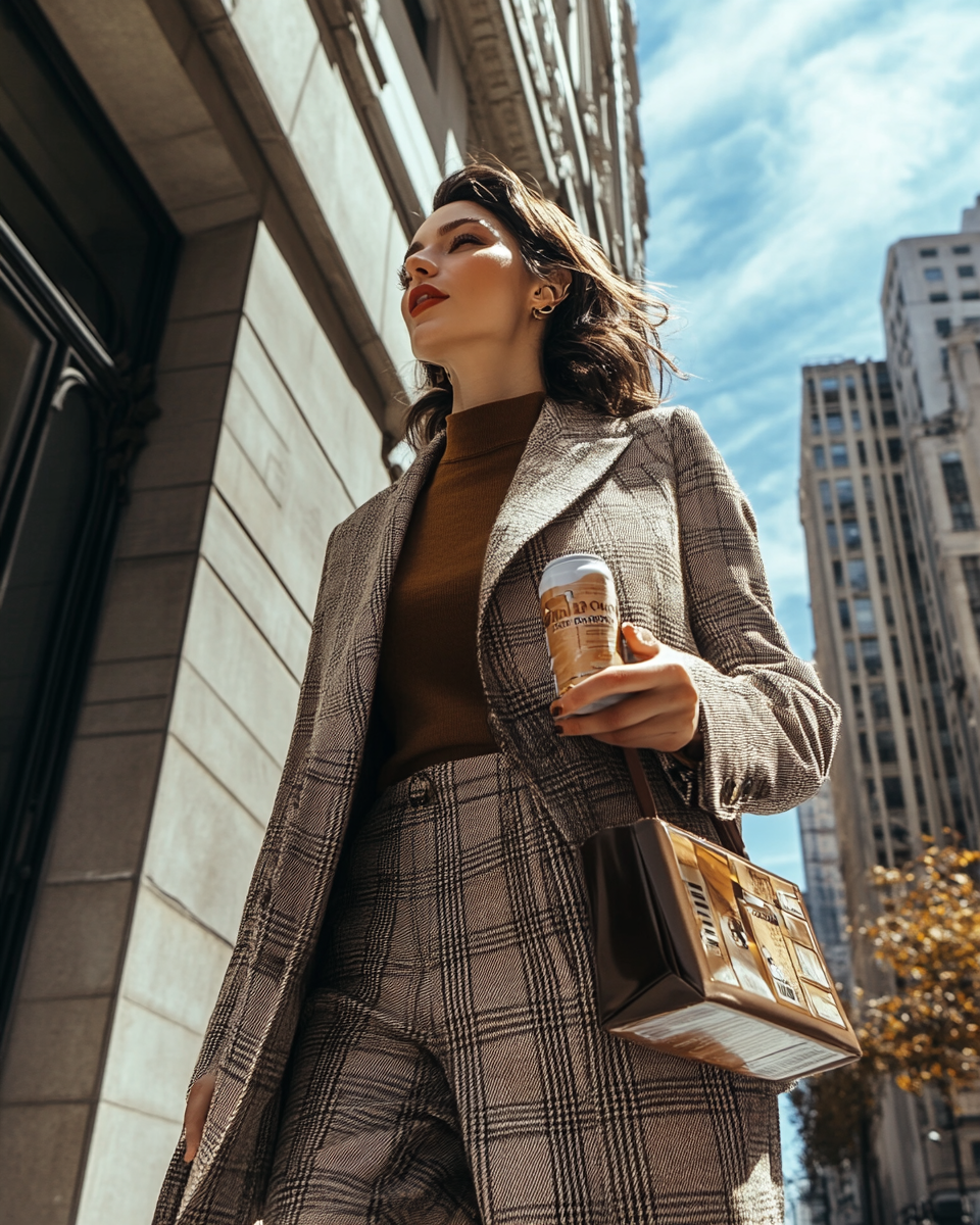 Woman rushing to office holding energy bar