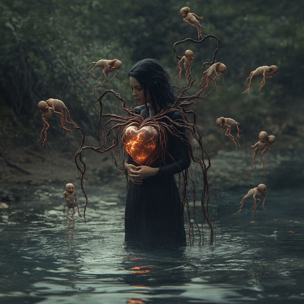 woman stands in river with heart tendrils and fetuses