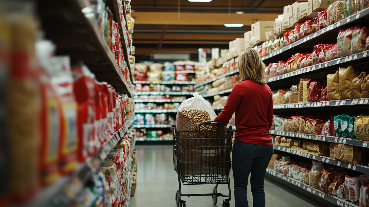 Woman in pet aisle buying dog food