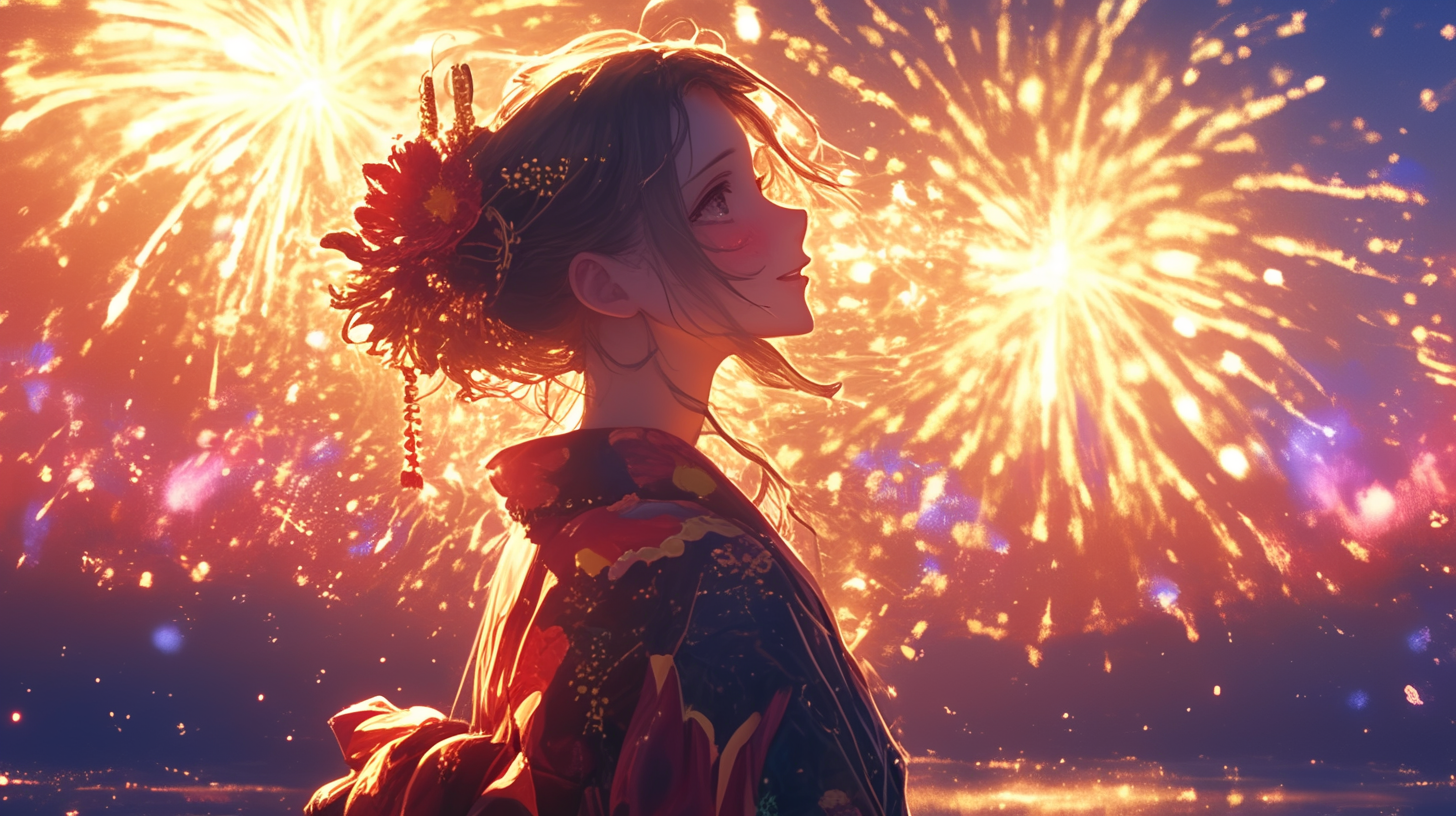 Japanese Woman in Yukata at Fireworks