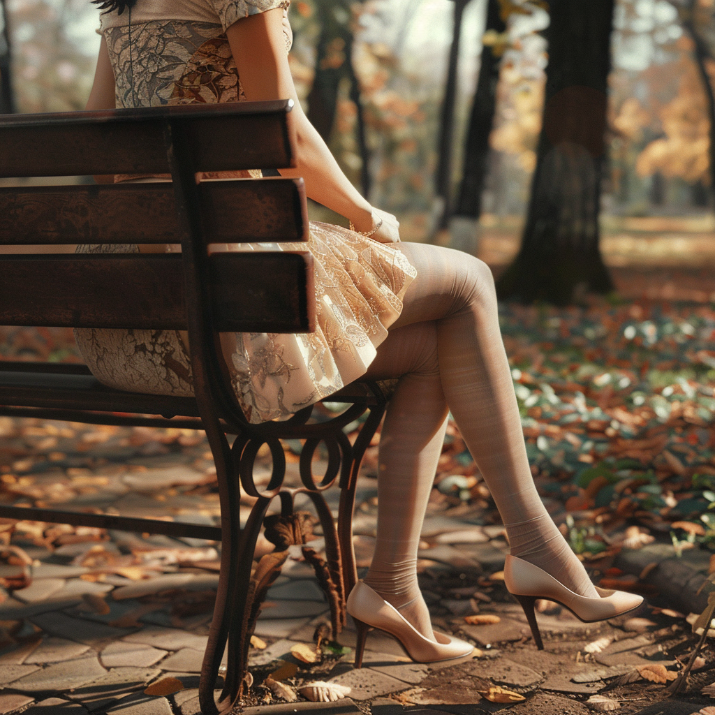 woman wearing beige sheer tights sitting on park bench