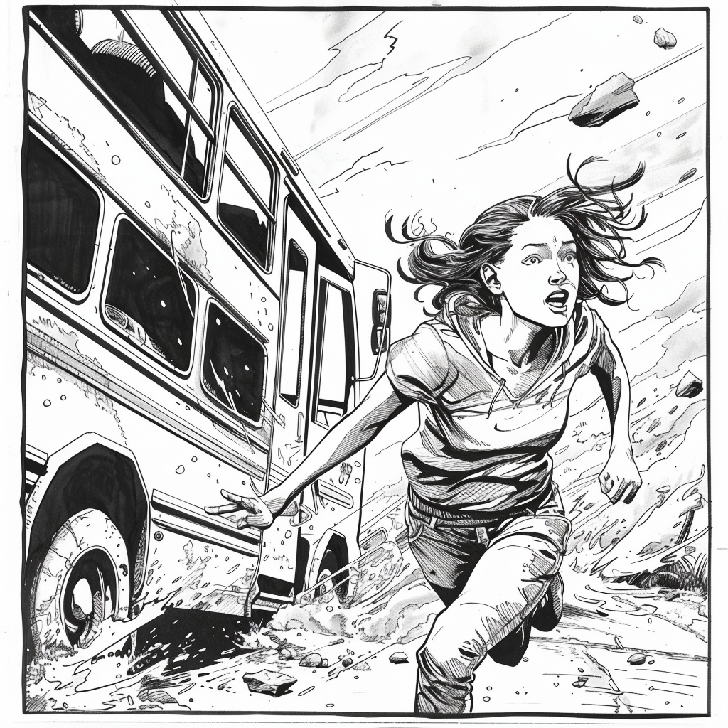 Woman running after bus drawing