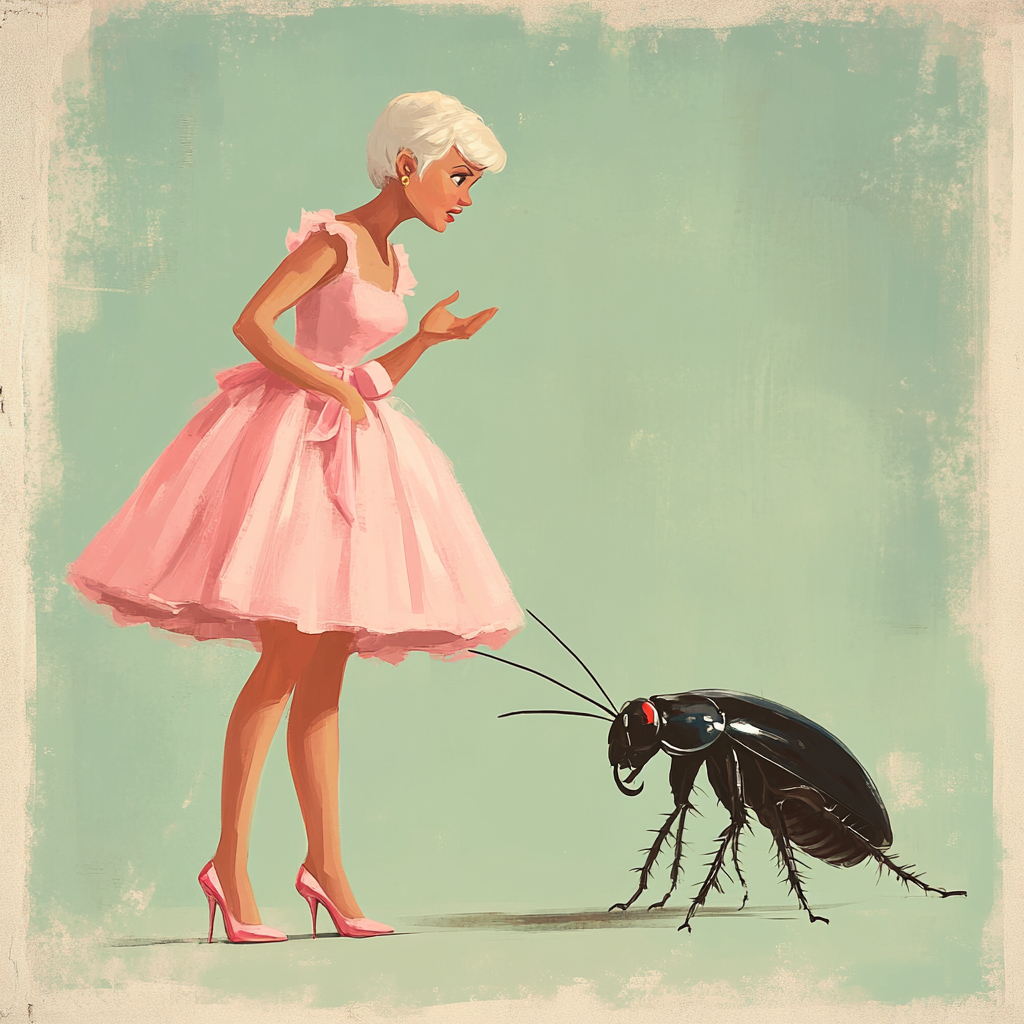 Woman talking to cockroach pink dress