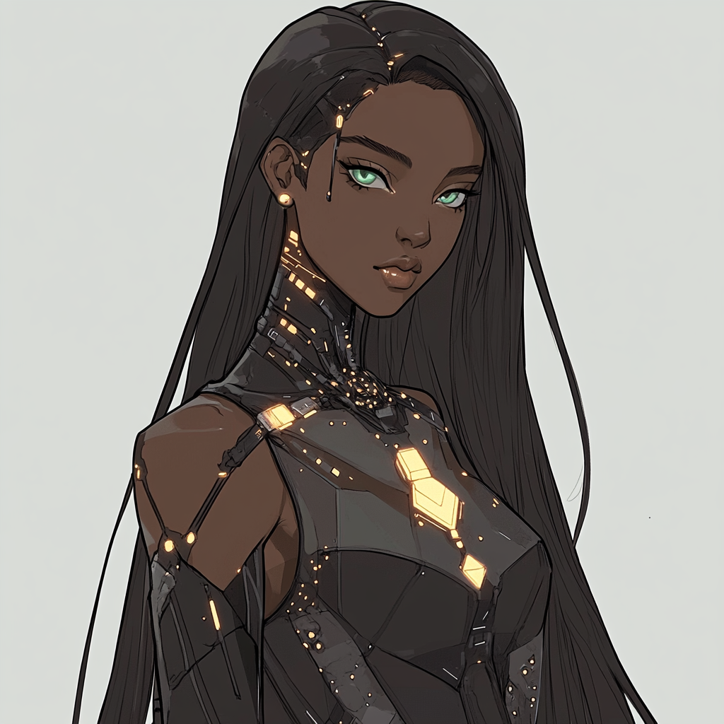 Cyberpunk-themed young black woman anime