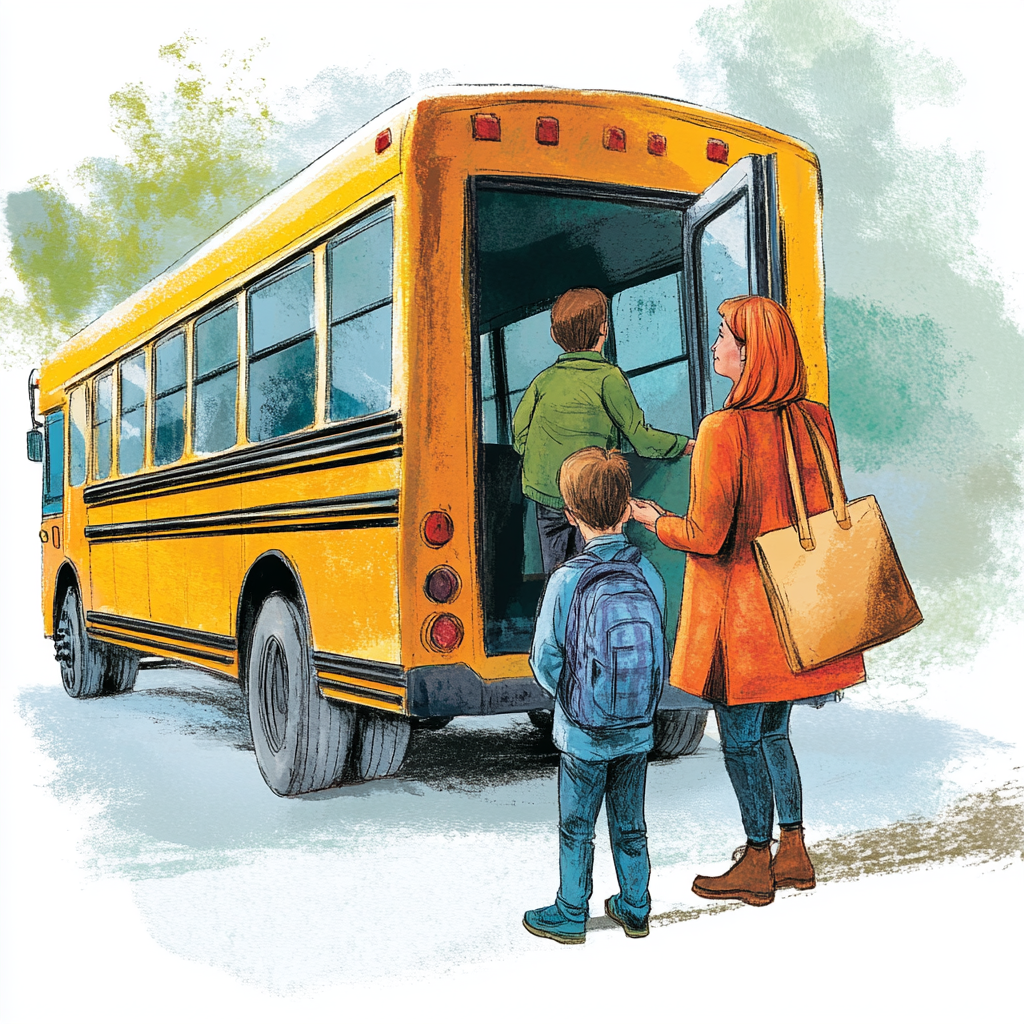 young boy getting off bus with older teacher help