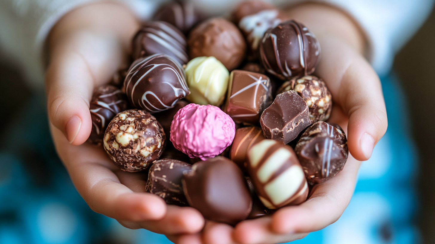 Small hands holding pile chocolates