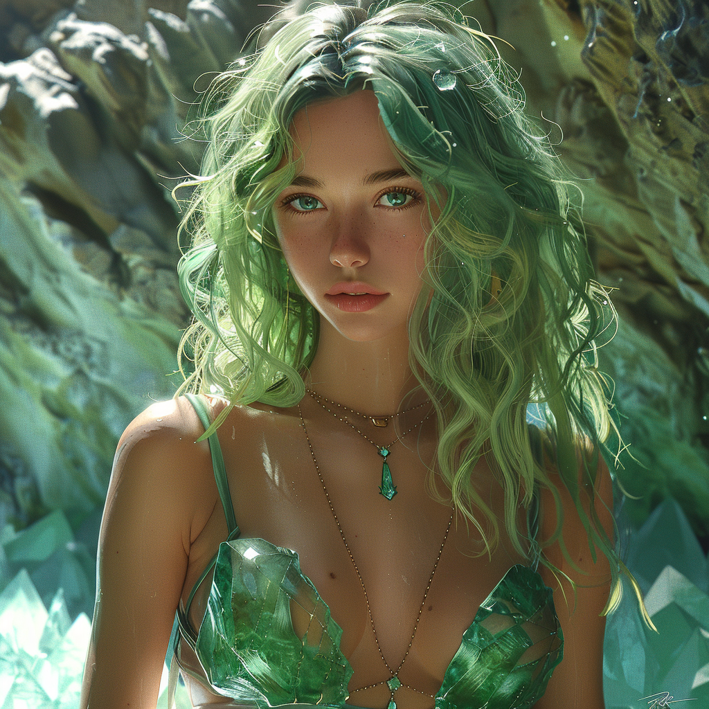 Beautiful young goddess with green crystals