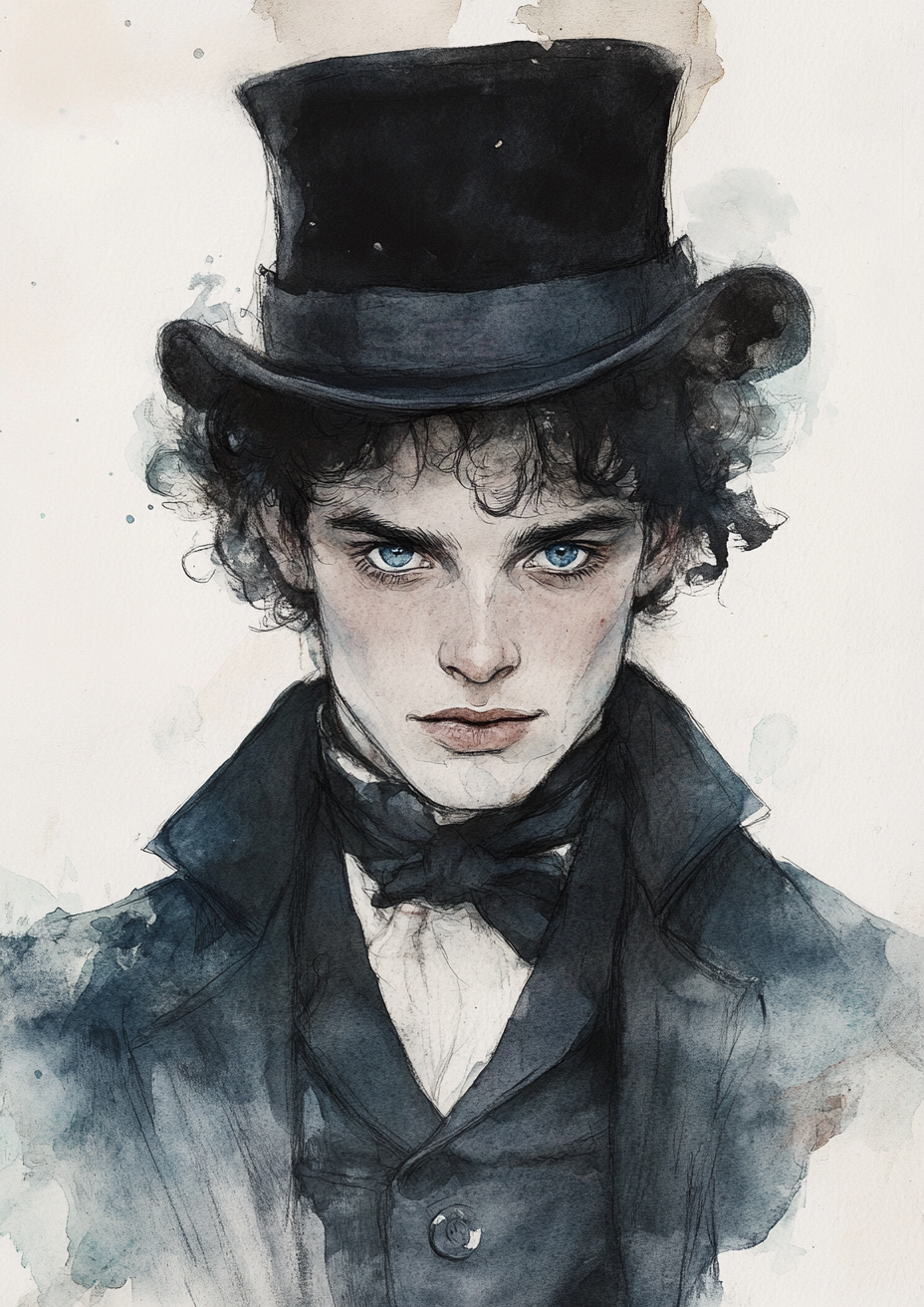 Young man curly hair top hat