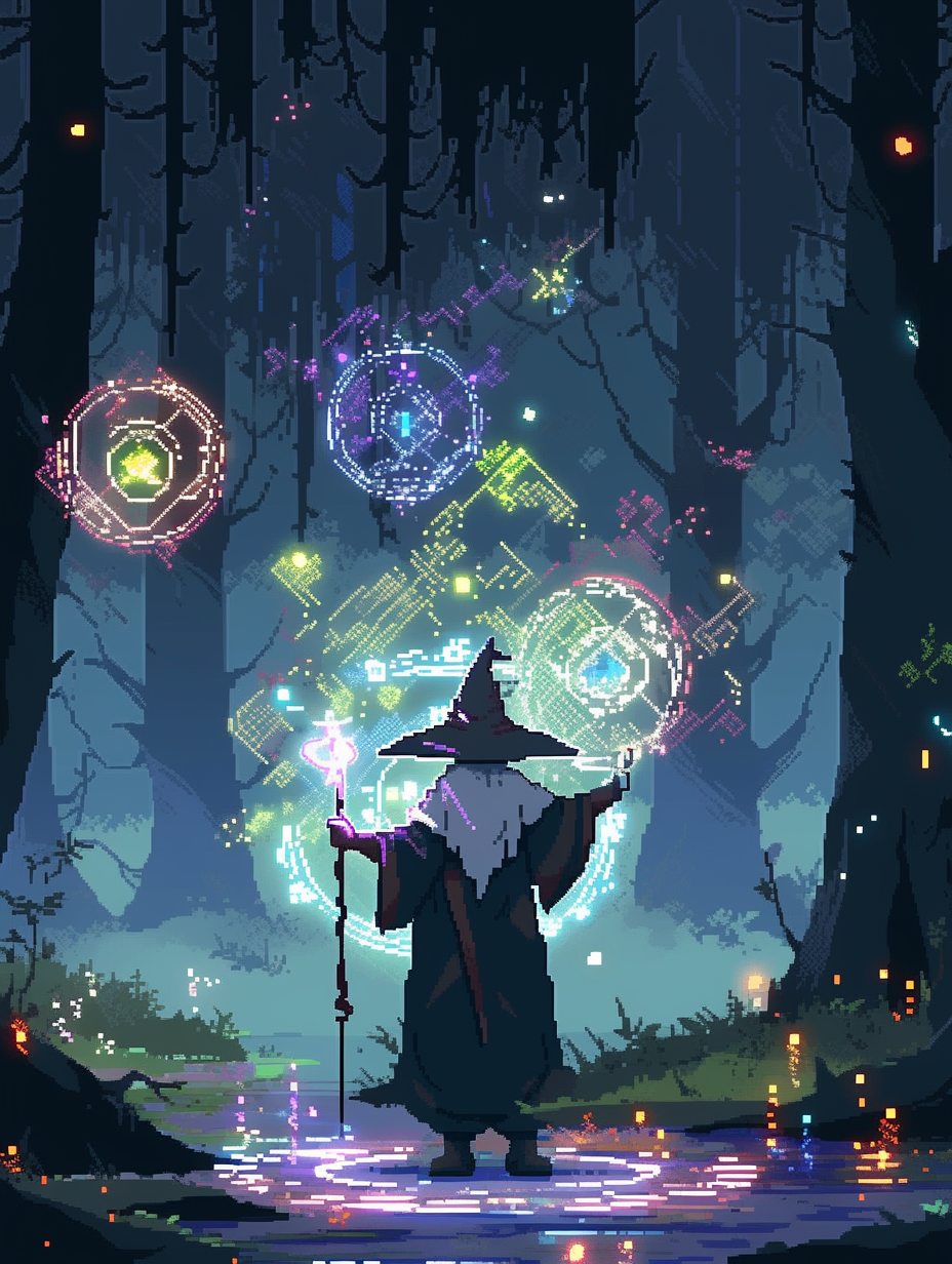 young wizard cryptocurrency forest scene