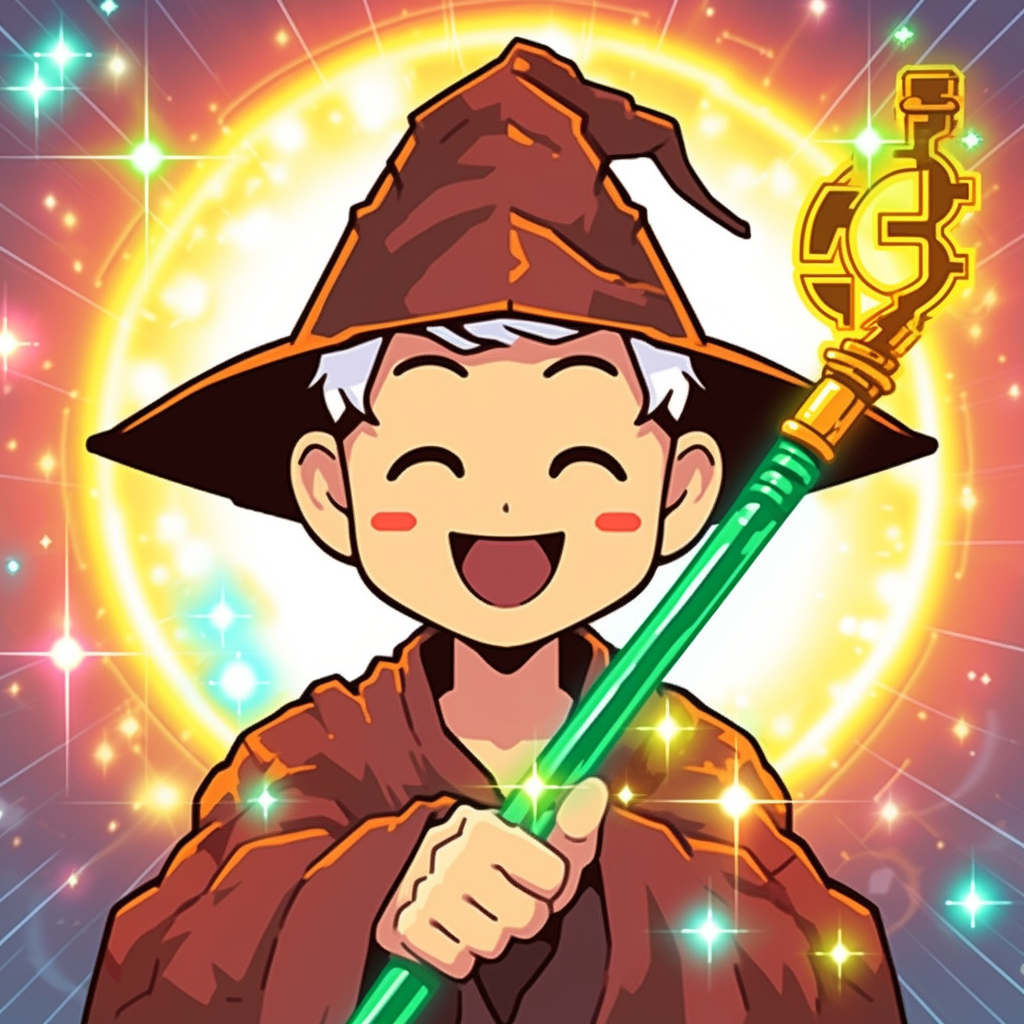 Young wizard holding magic wand Bitcoin icon