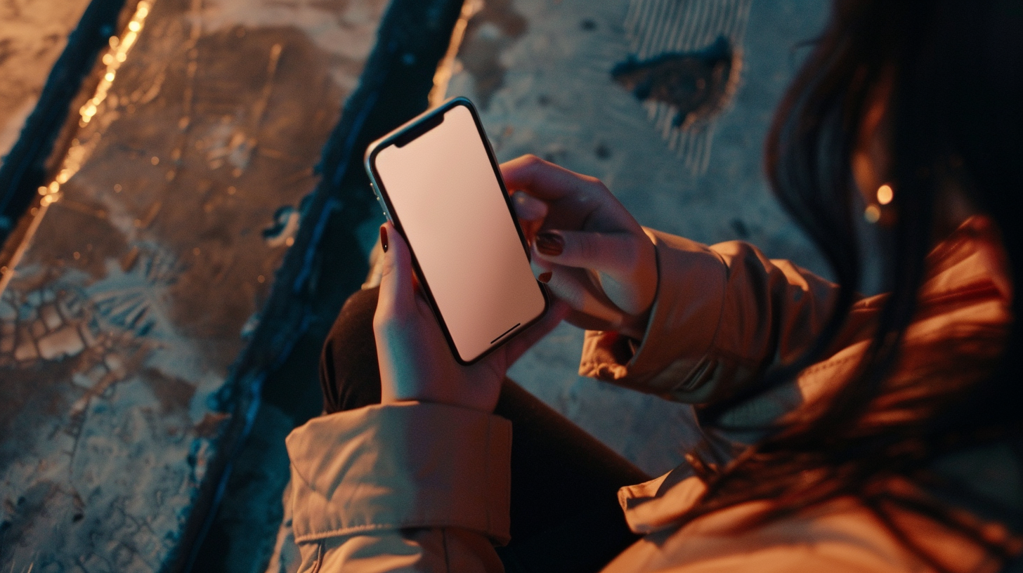 young woman hands holding phone in cinematic scene