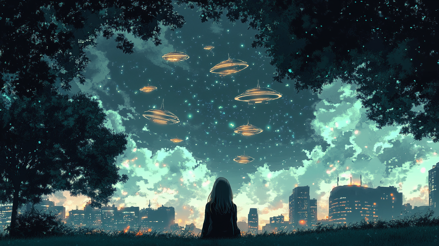 young woman park night sky spaceship anime-style gloomy