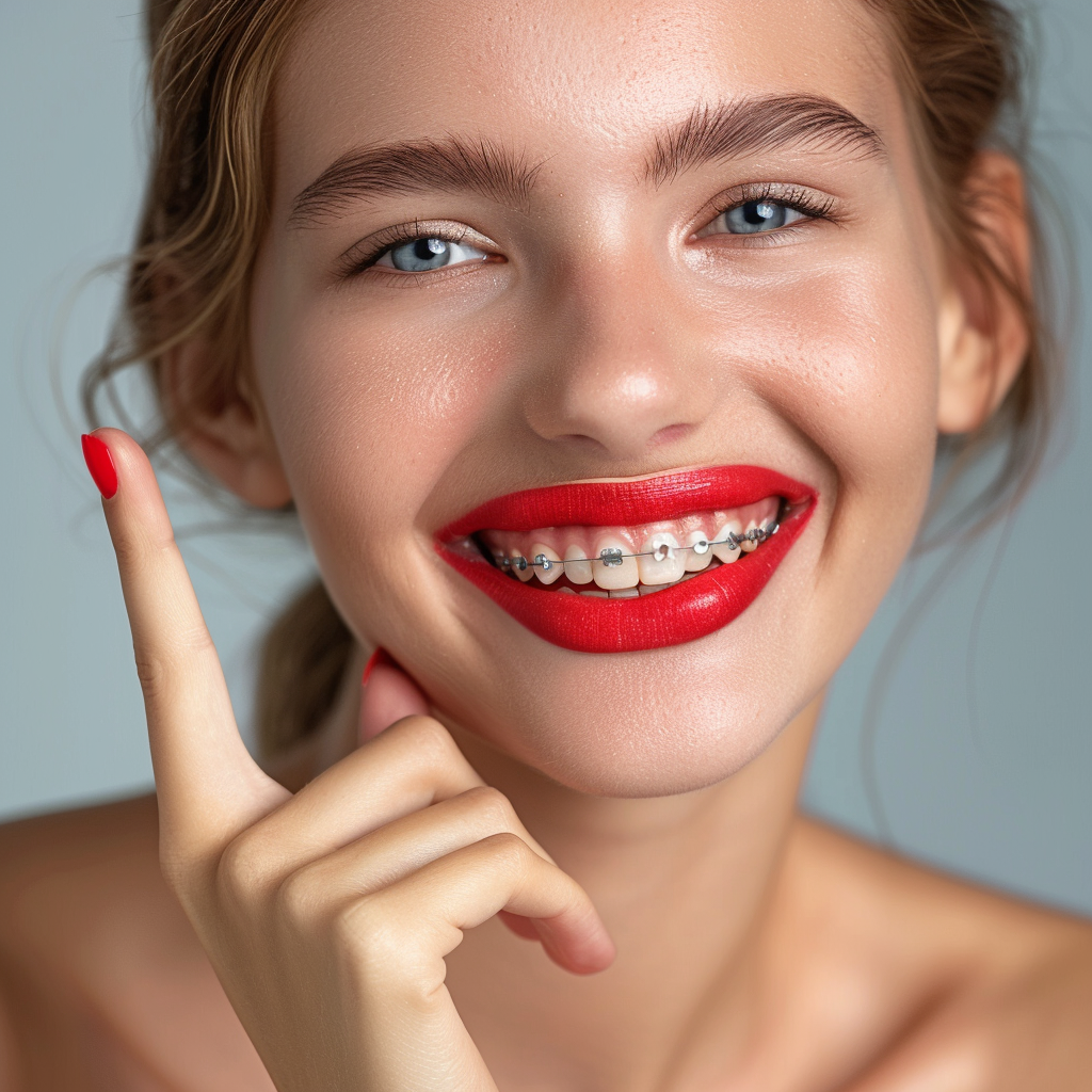 Woman pointing at clear braces