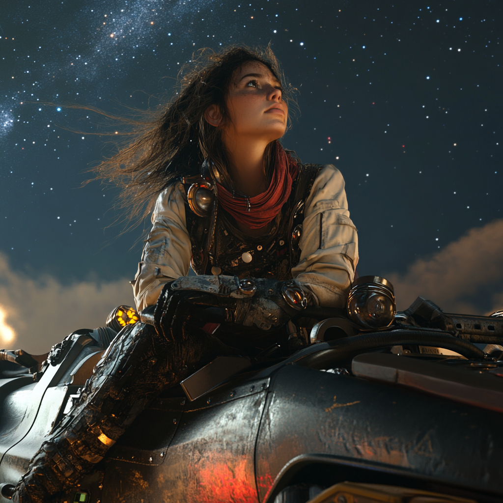 Woman in steampunk attire racing car at night