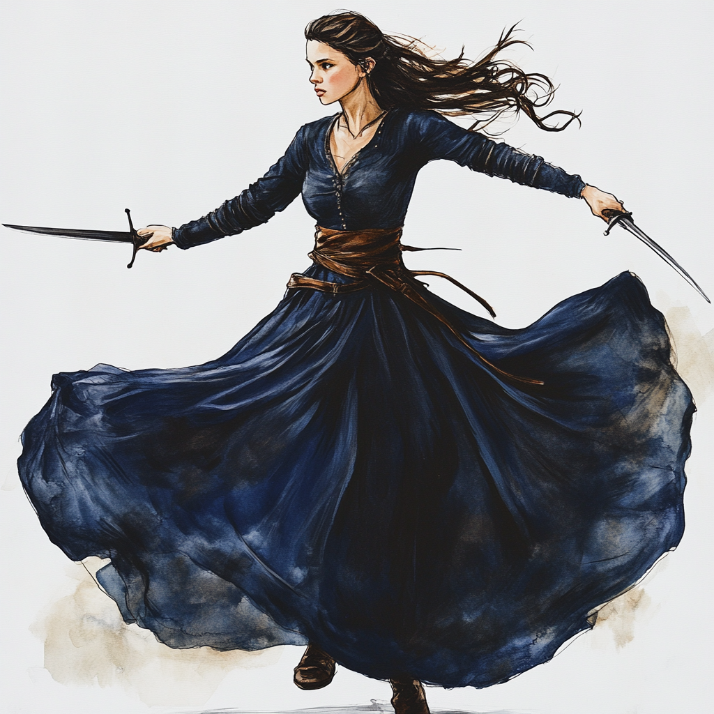 Girl in navy blue dress with rapier