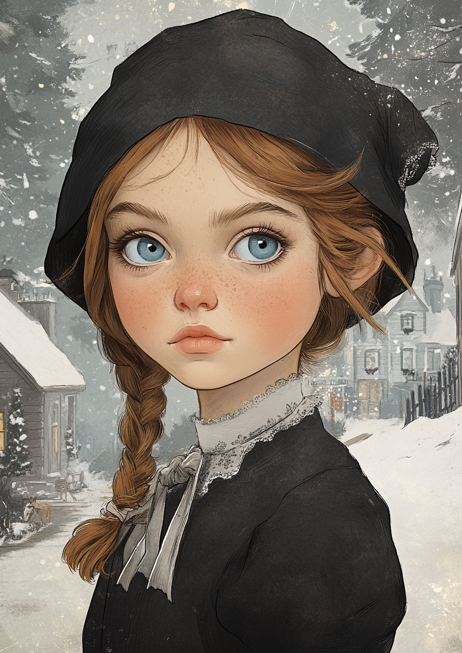 Cartoon sketch young girl Victorian Christmas