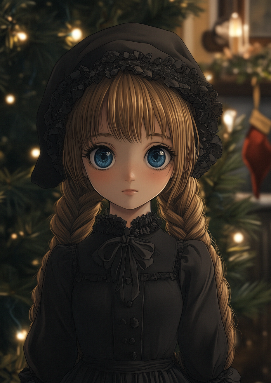 Young girl in Victorian Christmas scene