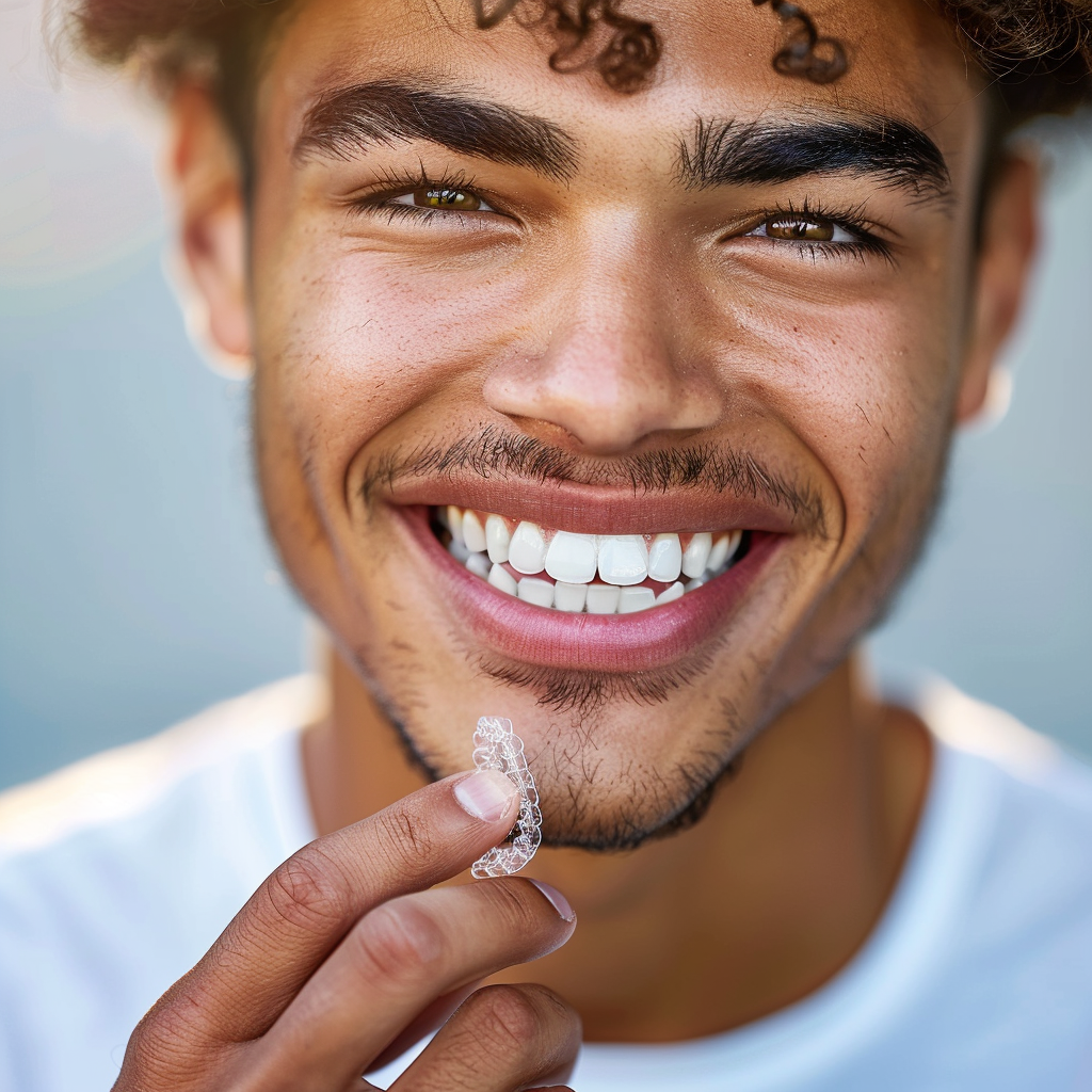 Man holding clear aligner smiling