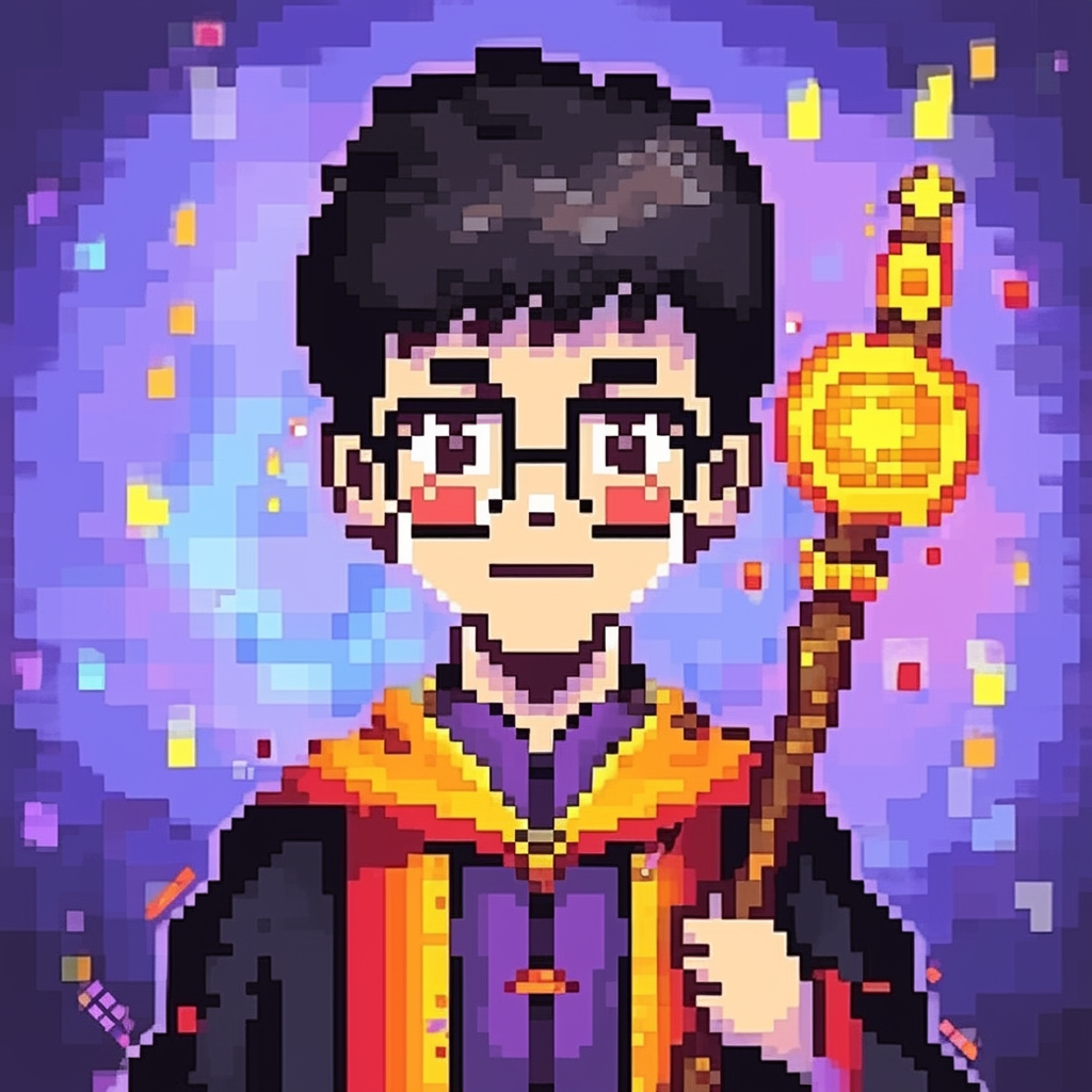 Young wizard smiling Bitcoin pixel