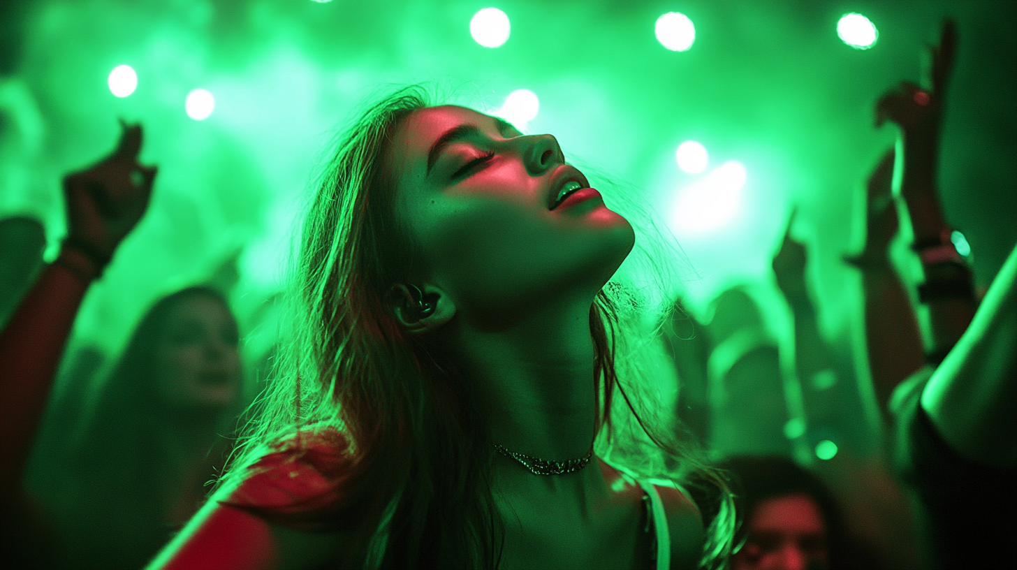 Young woman at concert with neon bracelet