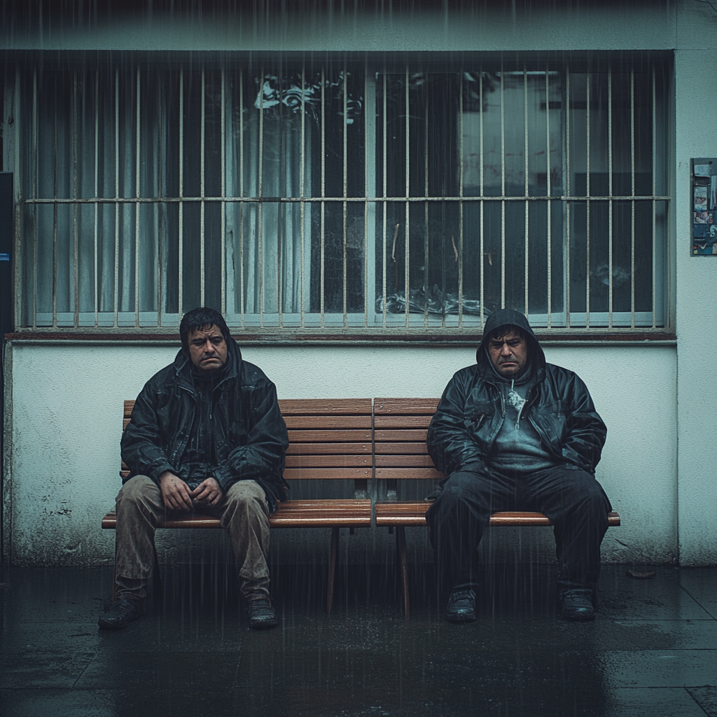 • Two men outside mental institution in rainy weather