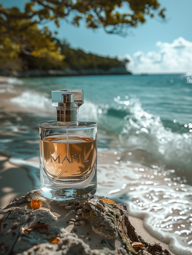 'Mapil' perfume bottle on beach, blue ocean background.
