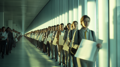  Office Workers Waiting in Long Line with Documents