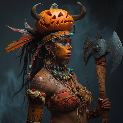 4. Amazonian woman with metal axe and oversized jack-o-lantern