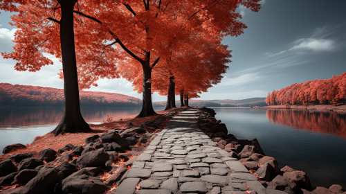 4. Serene mountain lake with cobblestone path