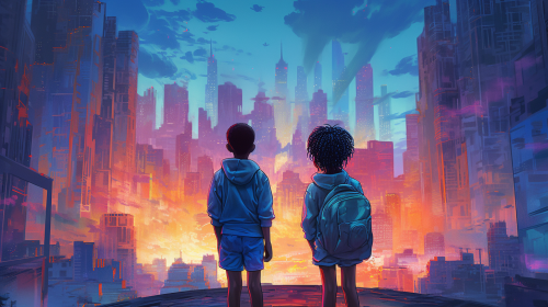 4. Children exploring captivating urban cityscape with wonder 4. Children exploring captivating urban cityscape with wonder