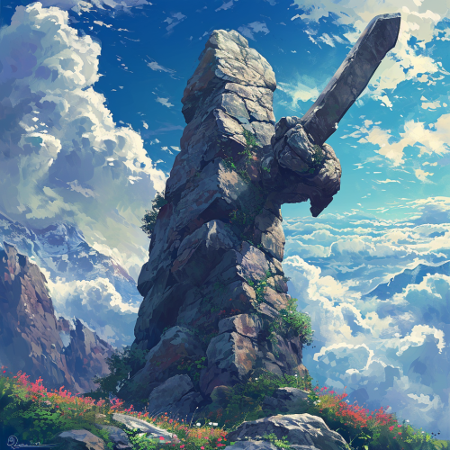 4. Stone guardian with sword protects mountain portal