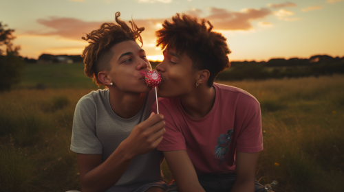 Gay couple enjoying a lolipop at sunset