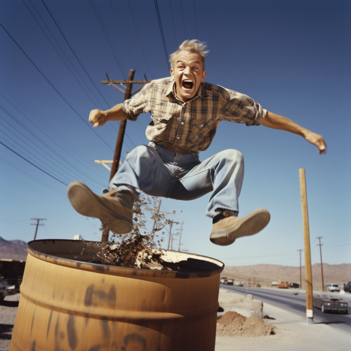 Woody Hartelson jumps on a barrel of gasoline.
