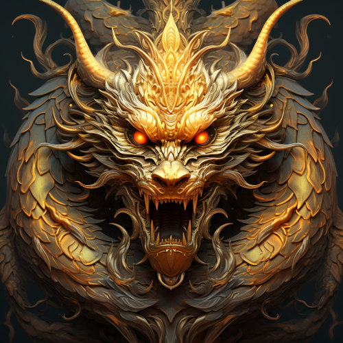 4. Elongated serpentine body, intricate horns, flowing mane, fierce expression, powerful claws.