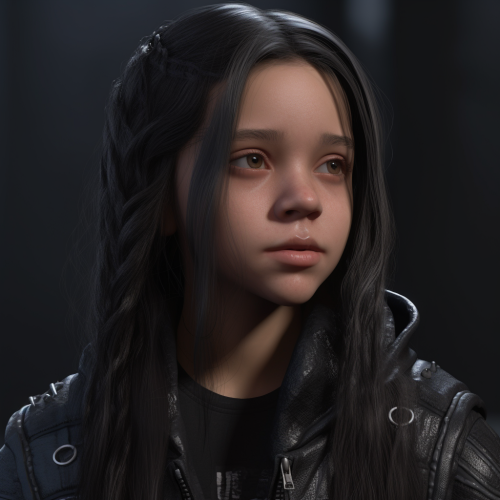 4.  Goth Jenna Ortega with long gray hair in black gear