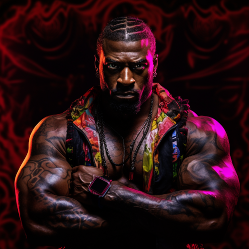 Muscular black man with tattoos in dynamic pose