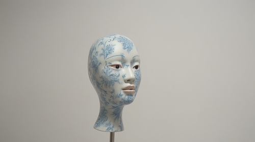 4. Alt text for the image of an Asian woman with blue and white porcelain