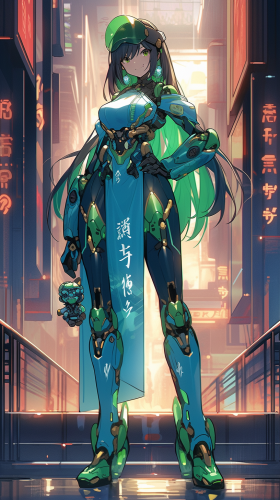 Young qipao robot girl in futuristic setting