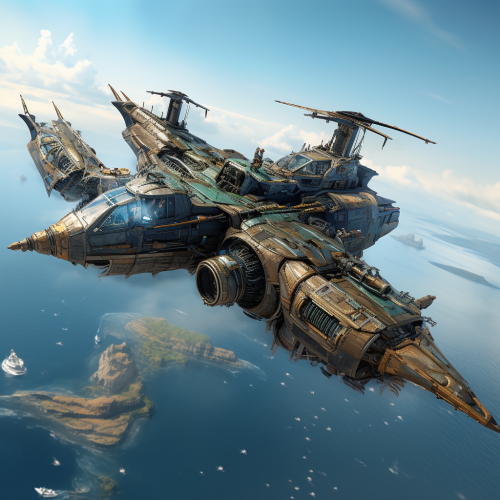 4. Image of battle-worn pirate starship flying in low orbit.