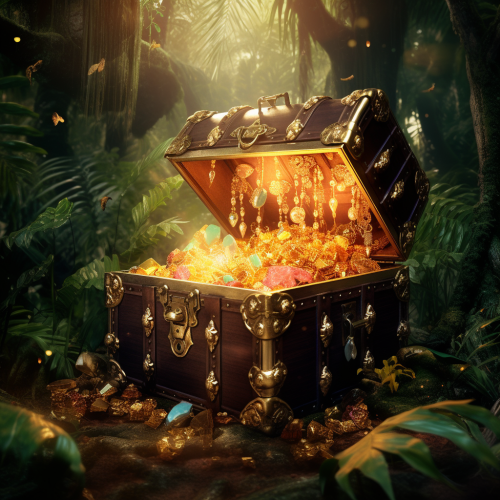 4. Image of an open treasure chest with gold and gems