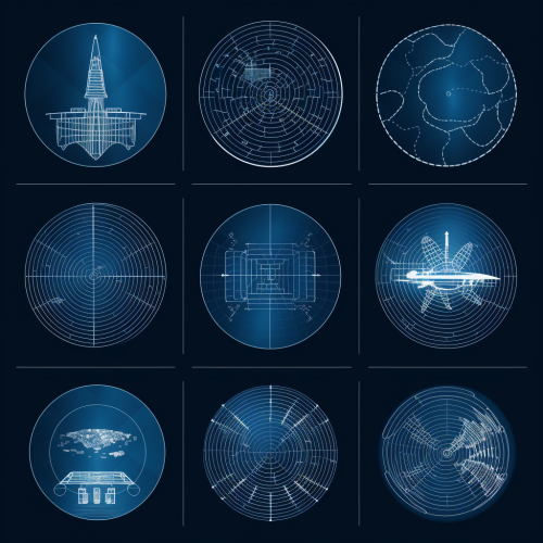 10 abstract radar illustrations on fighter aircrafts, blue and white gradients in flat vector style.