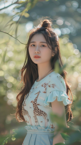 18-year-old Japanese fashion model in mint green giraffe outfit.